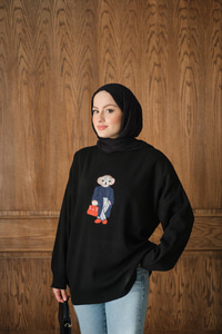 Ayıcık Nakışlı Triko Takım Siyah