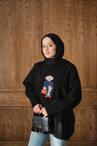 Ayıcık Nakışlı Triko Takım Siyah