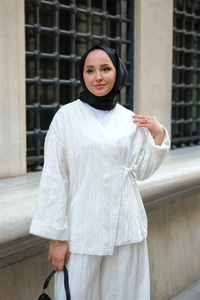 Badem Dikişli Kimono Takım Beyaz