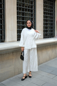 Badem Dikişli Kimono Takım Beyaz