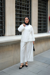 Badem Dikişli Kimono Takım Beyaz