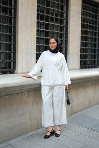 Badem Dikişli Kimono Takım Beyaz