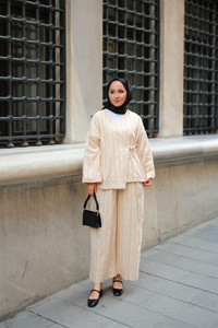 Badem Dikişli Kimono Takım Krem