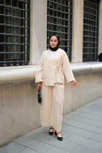 Badem Dikişli Kimono Takım Krem
