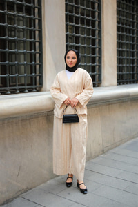 Badem Dikişli Kimono Takım Krem