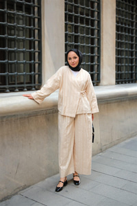 Badem Dikişli Kimono Takım Krem