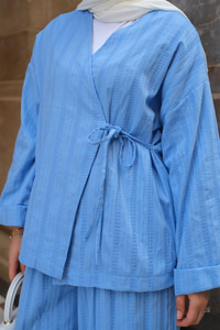 Badem Dikişli Kimono Takım Mavi