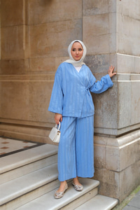 Badem Dikişli Kimono Takım Mavi