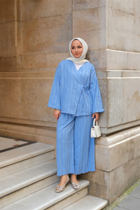Badem Dikişli Kimono Takım Mavi
