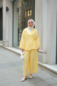 Badem Dikişli Kimono Takım Sarı