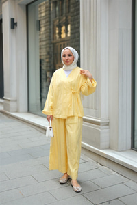 Badem Dikişli Kimono Takım Sarı