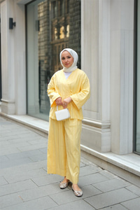 Badem Dikişli Kimono Takım Sarı