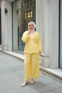 Badem Dikişli Kimono Takım Sarı