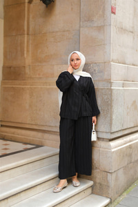 Badem Dikişli Kimono Takım Siyah