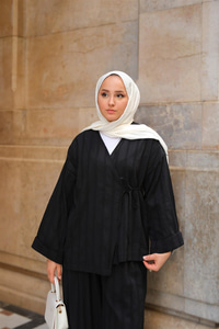 Badem Dikişli Kimono Takım Siyah