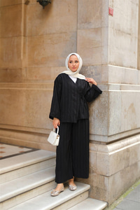 Badem Dikişli Kimono Takım Siyah