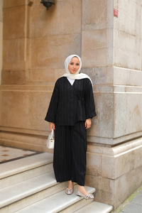 Badem Dikişli Kimono Takım Siyah