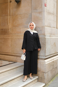 Badem Dikişli Kimono Takım Siyah