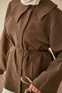 Bağcıklı Çizgili Gömlek Kahverengi