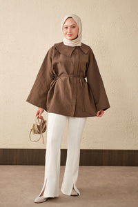 Bağcıklı Çizgili Gömlek Kahverengi