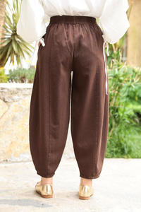 Baggy Beli Lastikli Keten Pantolon Kahverengi
