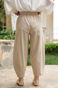 Baggy Beli Lastikli Keten Pantolon Krem