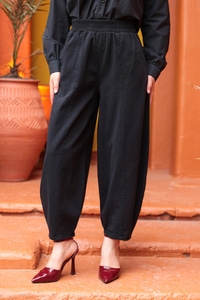 Baggy Beli Lastikli Keten Pantolon Siyah