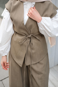 Bağlama Detay Yelekli Takım Haki Yeşil