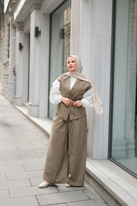 Bağlama Detay Yelekli Takım Haki Yeşil