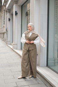 Bağlama Detay Yelekli Takım Haki Yeşil