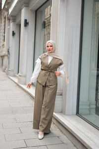 Bağlama Detay Yelekli Takım Haki Yeşil