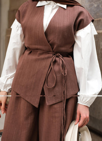 Bağlama Detay Yelekli Takım Kahverengi