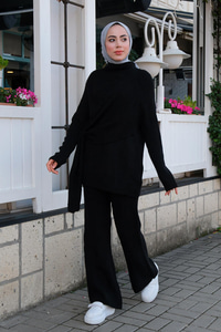 Bağlama Detaylı Yumuşak Dokulu Örme Takım Siyah