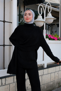 Bağlama Detaylı Yumuşak Dokulu Örme Takım Siyah