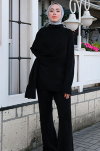 Bağlama Detaylı Yumuşak Dokulu Örme Takım Siyah