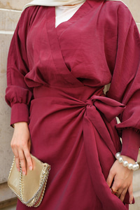 Bağlamal Detaylı Elbise Bordo