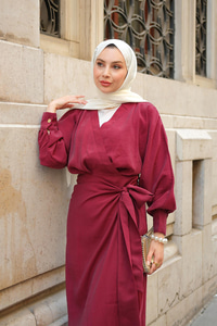 Bağlamal Detaylı Elbise Bordo