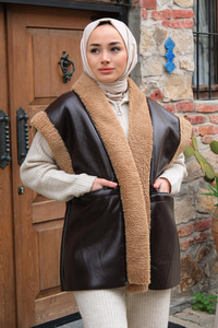 Bağlamalı Deri Görünümlü İçi Kürklü Yelek  Acı Kahve-Vizon
