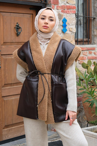 Bağlamalı Deri Görünümlü İçi Kürklü Yelek  Acı Kahve-Vizon