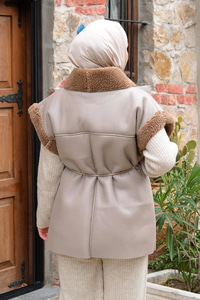 Bağlamalı Deri Görünümlü İçi Kürklü Yelek  Taş