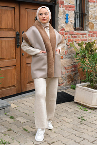 Bağlamalı Deri Görünümlü İçi Kürklü Yelek  Taş