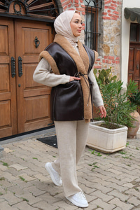 Bağlamalı Deri Görünümlü İçi Kürklü Yelek  Acı Kahve-Vizon