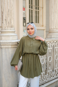 Bağlamalı İpek Gömlek Haki Yeşil