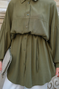 Bağlamalı İpek Gömlek Haki Yeşil