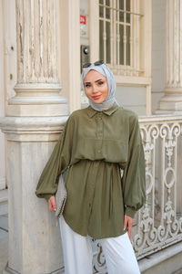 Bağlamalı İpek Gömlek Haki Yeşil
