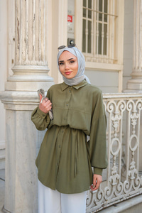 Bağlamalı İpek Gömlek Haki Yeşil