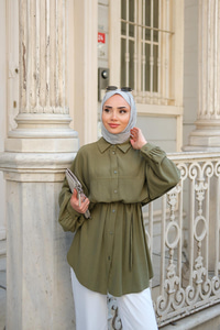 Bağlamalı İpek Gömlek Haki Yeşil