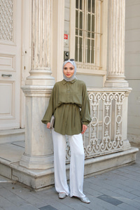 Bağlamalı İpek Gömlek Haki Yeşil