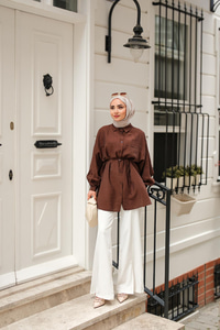 Bağlamalı İpek Gömlek Kahverengi