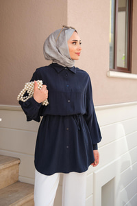 Bağlamalı İpek Gömlek Lacivert